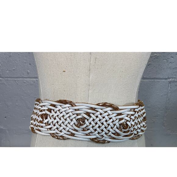 White Brown Woven Braided Leather Belt Linea Pelle Hippie Boho Retro - Picture 7 of 10